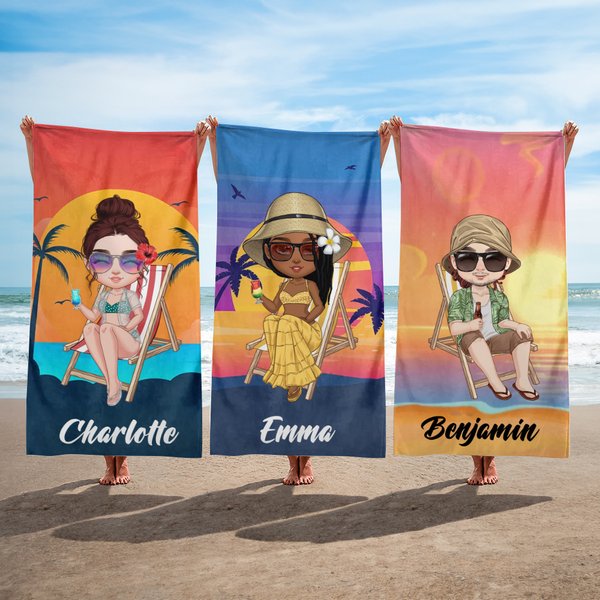 Personalizzato Retro Sunset Cartoon Character Quick Dry Oversized Beach Towel con nome Summer Travel Essentials Birthday Gift for Family Friends