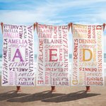Personalized Colorful Name Word Cloud Quick Dry Microfiber Beach Towel with Initial Vacation Beach Travel Accessories Birthday Gift for Family Friends