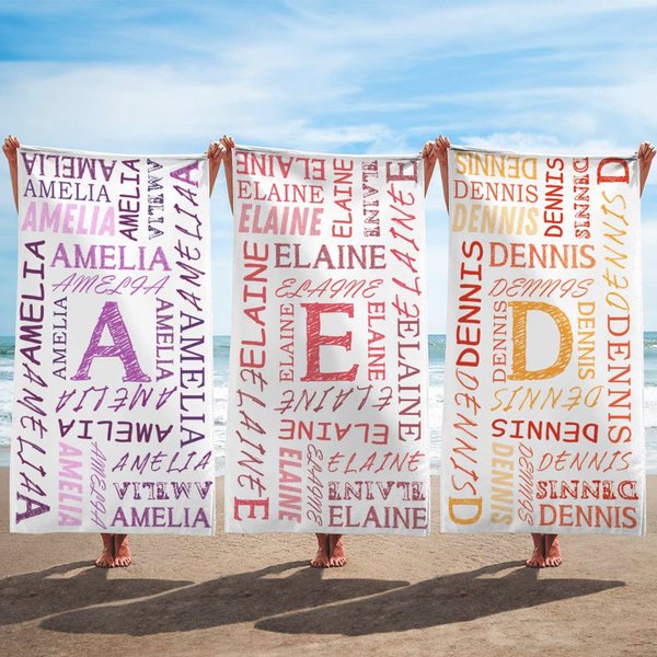 Personalized Colorful Name Word Cloud Quick Dry Microfiber Beach Towel with Initial Vacation Beach Travel Accessories Birthday Gift for Family Friends