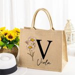 Borsa tote in iuta personalizzata con fiore di nascita iniziale e nome forte e resistente regalo di compleanno o matrimonio per donne