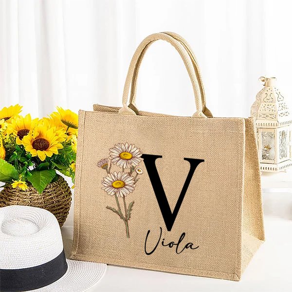 Borsa tote in iuta personalizzata con fiore di nascita iniziale e nome forte e resistente regalo di compleanno o matrimonio per donne