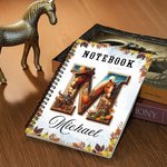 Personalised Maple Leaf Horse Theme Initial A5 Spiral Journal Notebook with Name and 120 Lined Pages Birthday Gift for Horse Lovers Friends