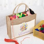 Personalized Floral Yarn Basket Canvas Pocket Jute Tote Bag with Name Birthday Gift for Crocheter Knitting Lovers