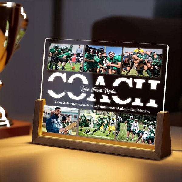 Personalisiertes 6 Foto-Collage Fußball Team Acryl LED-Nachtlicht mit Text Holzsockel Tischdeko Dankeschön Geburtstag Geschenk für Trainer Sportfans
