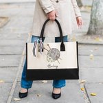 Personalised Birth Flower Knitting Needles Yarn Large Canvas Tote Bag with Name Travel Accessories Birthday Holiday Gift for Knitting Lovers