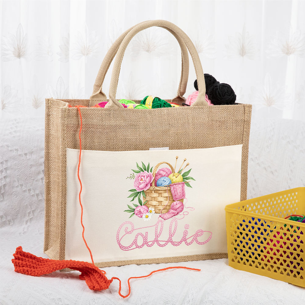 Panier de fil floral personnalisé Sac fourre-tout en toile avec pochette en jute avec nom Cadeau d'anniversaire pour les amoureux du crochet et du tricot