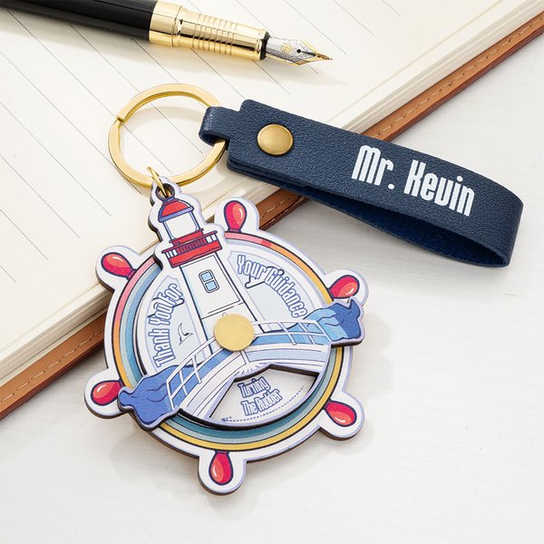 Personalised Wooden Rotatable Rudder Lighthouse Charm PU Leather Keychain with Name and Text Birthday Teacher's Day Appreciation Gift for Teacher
