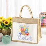 Personalized Floral Yarn Basket Canvas Pocket Jute Tote Bag with Name Birthday Gift for Crocheter Knitting Lovers