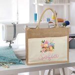 Personalized Floral Yarn Basket Canvas Pocket Jute Tote Bag with Name Birthday Gift for Crocheter Knitting Lovers