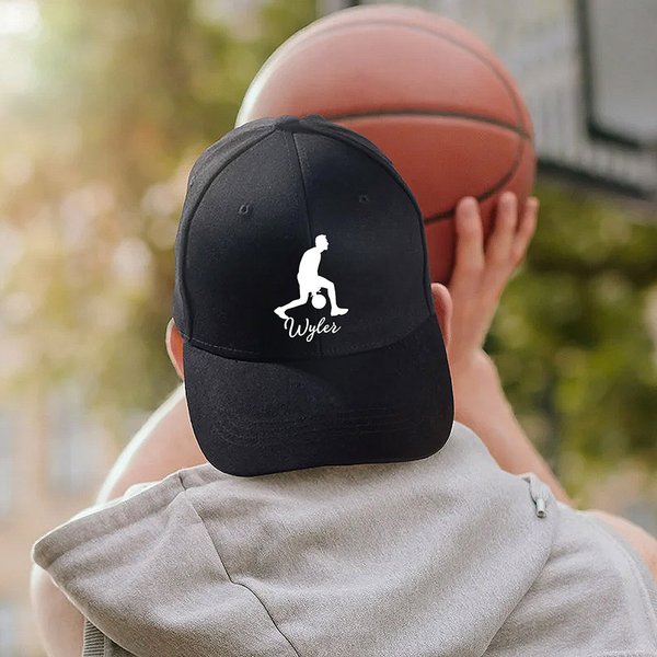 Chapeau de baseball personnalisé avec nom et silhouette de joueur de basket-ball Cadeau d'anniversaire pour les enfants et les adultes amateurs de basket-ball