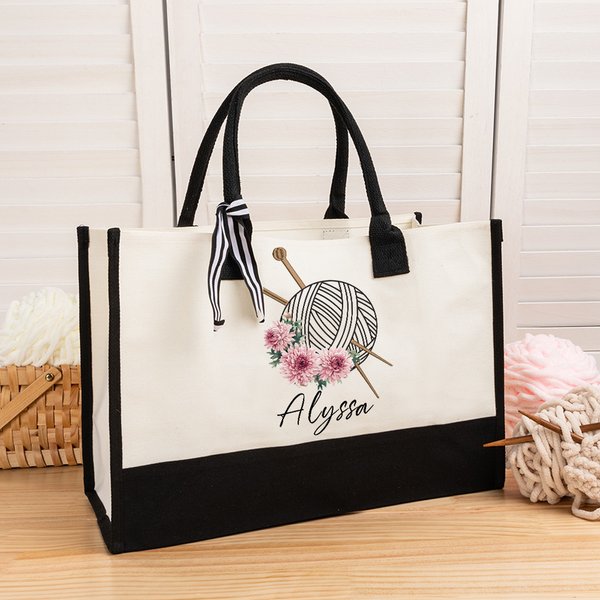 Personalised Birth Flower Knitting Needles Yarn Large Canvas Tote Bag with Name Travel Accessories Birthday Holiday Gift for Knitting Lovers
