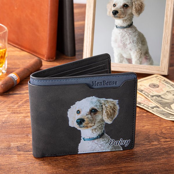 Personalised Pet Portrait Oil Painting Style Men's Leather Wallet with Name and Multiple Card Slots Father's Day Birthday Gift for Cat Dog Pet Lover
