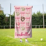 Personalized Football Baseball Sports Coquette Bow Name Quick Dry Oversized Beach Towel Summer Travel Essential Team Birthday Gift for Sports Lovers