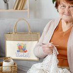 Personalized Floral Yarn Basket Canvas Pocket Jute Tote Bag with Name Birthday Gift for Crocheter Knitting Lovers