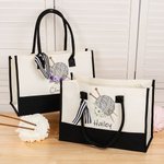 Personalised Birth Flower Knitting Needles Yarn Large Canvas Tote Bag with Name Travel Accessories Birthday Holiday Gift for Knitting Lovers
