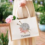 Personalizzato nascita fiore aghi maglia filato grande iuta borsa tote con nome accessori viaggio compleanno vacanza regalo per gli amanti del lavoro a maglia donne