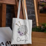 Personalized Birth Flower Yarn Ball Reusable Canvas Bag with Name Travel Accessories Birthday Holiday Gift for Knitting Lovers