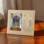 Personalised Floral Cross Bible Verse PU Leather Photo Frame with Name Text and Date Baptism First Communion Gift for Christian