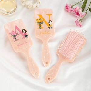 Personalised Birth Flower Bouquet Initial Cartoon Character Long Handle Paddle Brush with Name and Ribbon Birthday Wedding Gift for Women
