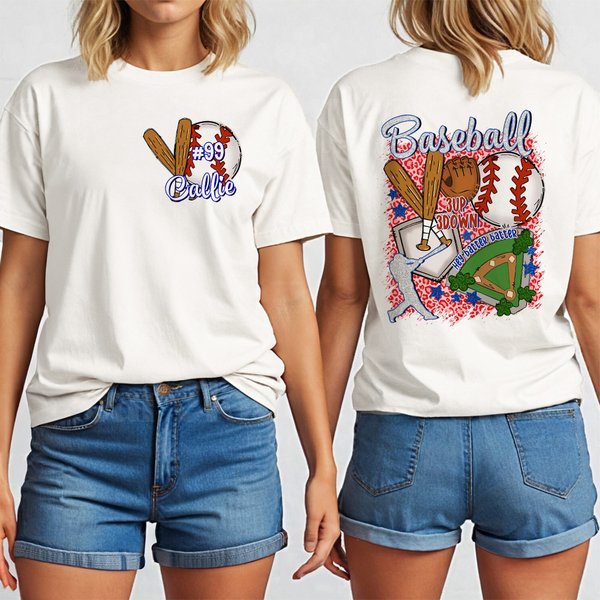 Personalized Retro Baseball Softball Multicolor T-shirt Sweatshirt with Name and Number Game Day Birthday Gift for Ball Sport Lovers