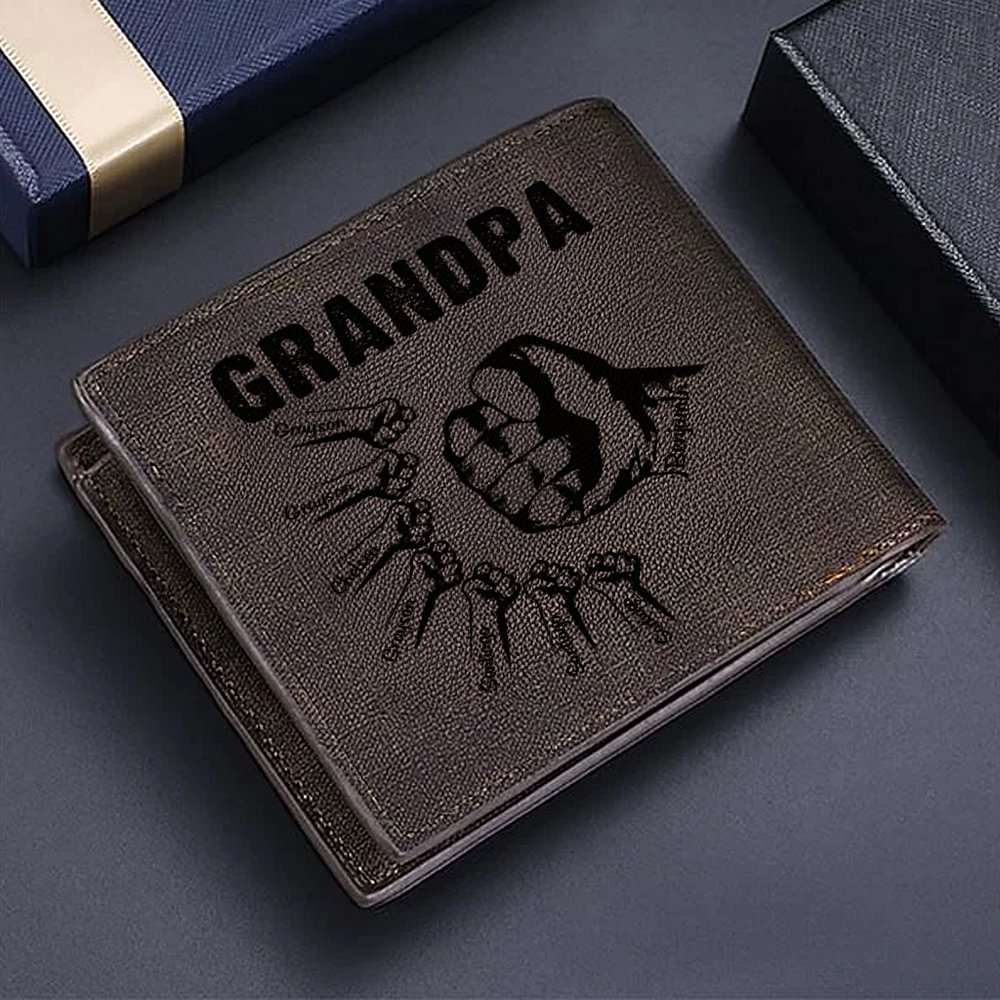 Portefeuille personnalisé en cuir PU avec 1-16 noms gravés et fentes pour cartes Anniversaire Fête des Pères Cadeau pour Grand-père Papa