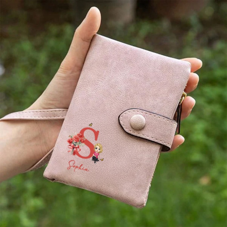 Portefeuille en cuir plié avec nom et initiale Cadeau d'anniversaire pour femme