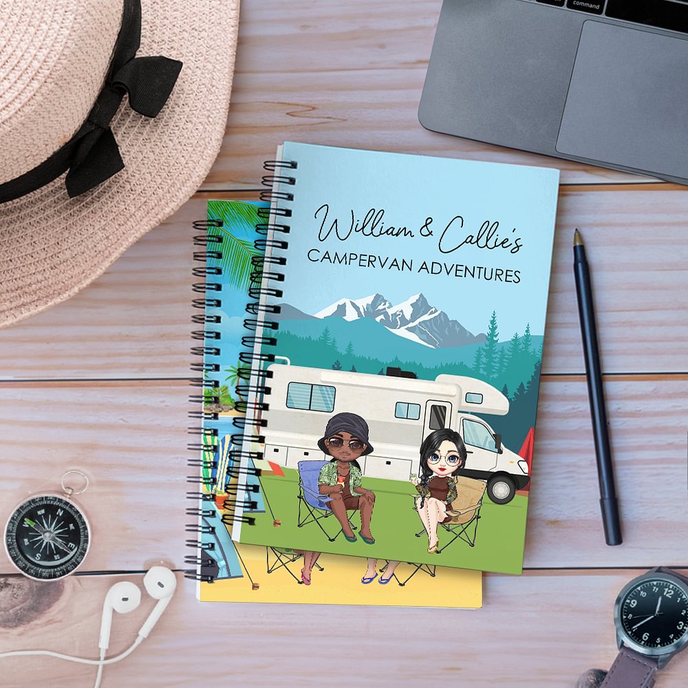 Taccuino a spirale con nome e testo Personalizzato Campervan Tent Cartoon Character Travel Birthday Gift for Friend Family