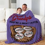 Personalised Baseball Glove 1-8 Names Multicolor Soft Throw Blanket with Title and Text Home Decor Birthday Gift for Baseball Lovers
