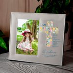 Personalised Floral Cross Bible Verse PU Leather Photo Frame with Name Text and Date Baptism First Communion Gift for Christian