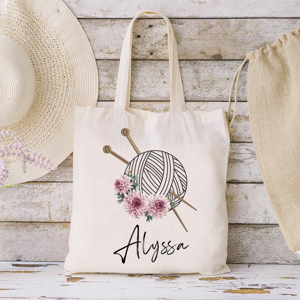 Sac en toile réutilisable avec nom, accessoires de voyage, cadeau d'anniversaire et de vacances pour les amateurs de tricot.