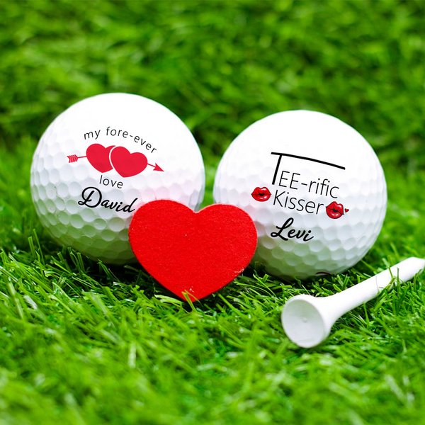Personalized Funny Red Kiss Lip Heart Set of 3 Golf Ball with Names Birthday Valentine's Day Anniversary Gift for Golf Lover Couple