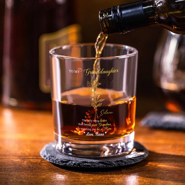Personalized Birth Flower 10 oz Whiskey Glass with Name and Slate Coaster Father's Day Newborn Birthday Gift for New Dad Kids