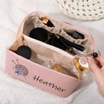 Personalized Birth Flower Crochet Wide Opening Leather Makeup Bag with Name Travel Accessories Birthday Wedding Gift for Bridesmaids Women