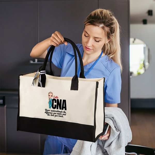 Personalizada de dibujos animados de personajes médicos de gran capacidad Bolsa de lona con nombre de cumpleaños Apreciación de regalo para la enfermera médico Personal Médico