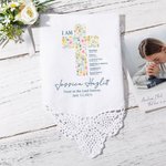 Personalized Floral Cross Bible Verse Lace Edge 100% Cotton Handkerchief with Name Text and Date Baptism First Eucharist Gift for Christians Girls
