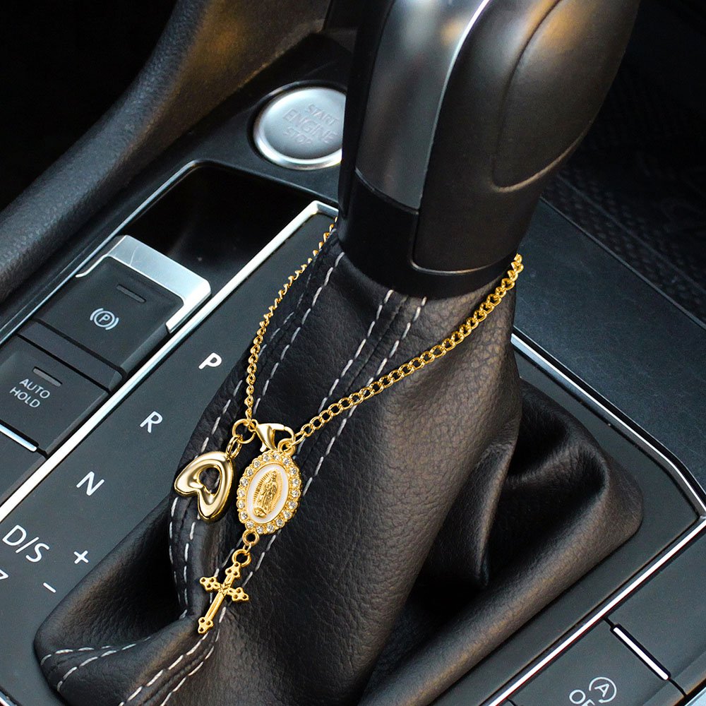 Chapelet Voiture Avec Croix - Ornement Rétroviseur Doré, Longueur 22 Cm | Porte-Bonheur, Décoration Intérieur Auto, Cadeau
