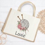 Personalizzato nascita fiore aghi maglia filato grande iuta borsa tote con nome accessori viaggio compleanno vacanza regalo per gli amanti del lavoro a maglia donne