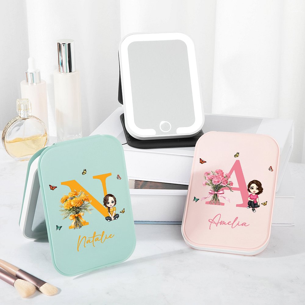 Miroir de maquillage LED tricolore personnalisé avec nom, fleur de naissance, personnage de dessin animé, indispensable pour les voyages, cadeau d'anniversaire pour les femmes et les filles.