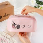 Personalized Birth Flower Crochet Wide Opening Leather Makeup Bag with Name Travel Accessories Birthday Wedding Gift for Bridesmaids Women