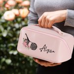 Personalized Birth Flower Crochet Wide Opening Leather Makeup Bag with Name Travel Accessories Birthday Wedding Gift for Bridesmaids Women