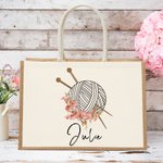 Personalizzato nascita fiore aghi maglia filato grande iuta borsa tote con nome accessori viaggio compleanno vacanza regalo per gli amanti del lavoro a maglia donne