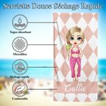 Serviette de Plage à Séchage Rapide Personnalisée avec Nom et Personnage de Dessin Animé Style Rayures Carreaux Cadeau Anniversaire pour Famille Amis