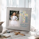 Personalised Floral Cross Bible Verse PU Leather Photo Frame with Name Text and Date Baptism First Communion Gift for Christian