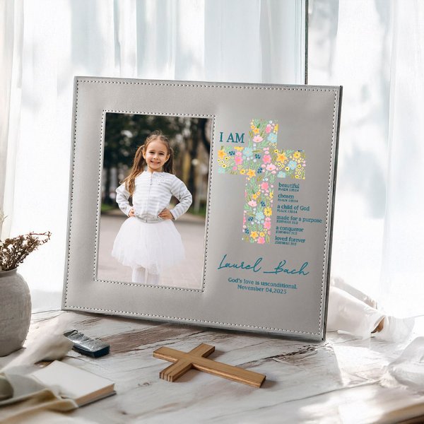 Personalized Floral Cross Bible Verse PU Leather Photo Frame with Name Text and Date Baptism First Communion Gift for Christian