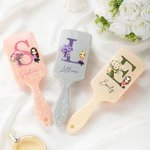 Personalised Birth Flower Bouquet Initial Cartoon Character Long Handle Paddle Brush with Name and Ribbon Birthday Wedding Gift for Women