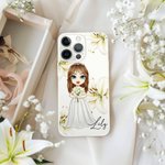 Gepersonaliseerde Cartoon Bride Geboorte Bloem Telefoon Case voor iPhone met Naam Valentijnsdag Wedding Birthday Gift voor Vrouw Moeder