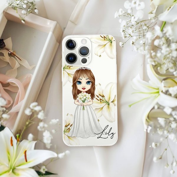 Gepersonaliseerde Cartoon Bride Geboorte Bloem Telefoon Case voor iPhone met Naam Valentijnsdag Wedding Birthday Gift voor Vrouw Moeder