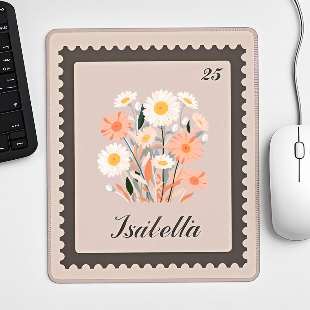 Tapis de Souris Multicolore Personnalisé avec Fleur Nom et Date Style de Timbre Vintage Accessoire de Bureau Cadeau Anniversaire pour Femme Collègue