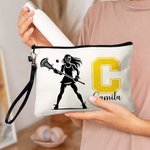 Henkilökohtainen Lacrosse Player siluetti Kosmeettinen laukku Initial nimi ja rannekorun Match päivä syntymäpäivälahja Lacrosse ystäville