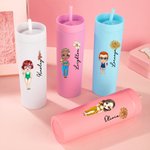 Henkilökohtainen Syntymä Kukka Sarjakuva Lomahahmo 16 oz Pastelli Tumbler olki ja nimi Beach Party Kesäloma lahja perheelle Ystävät